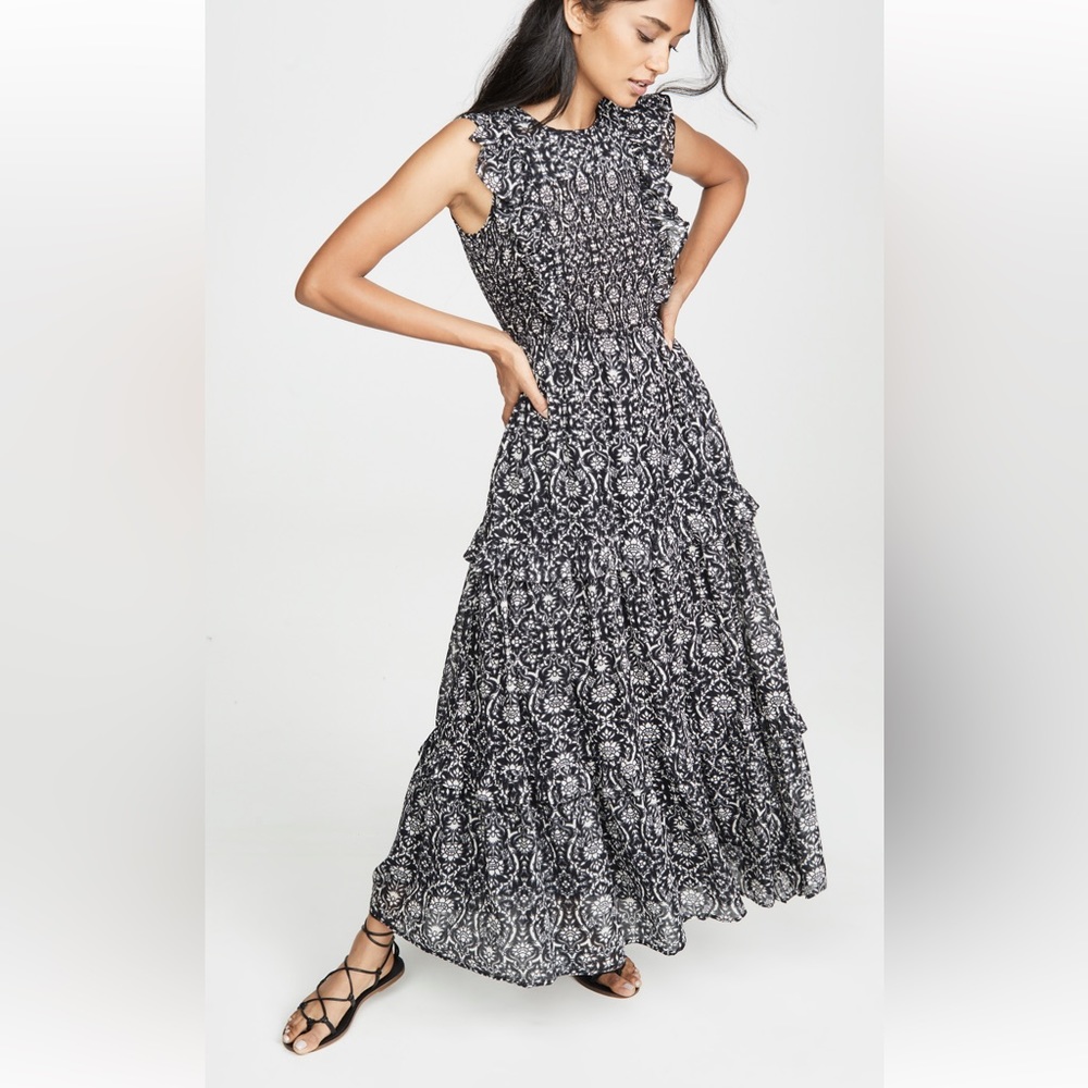 Banjanan Iris Black Printed Maxi Dress Smocked Top Medium